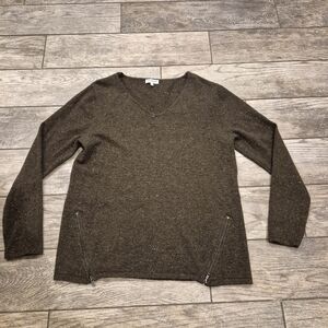 Knyt & Lynk 100% Cashmere V-Neck Sweater Side Zip Olive Brown Speckled Size L